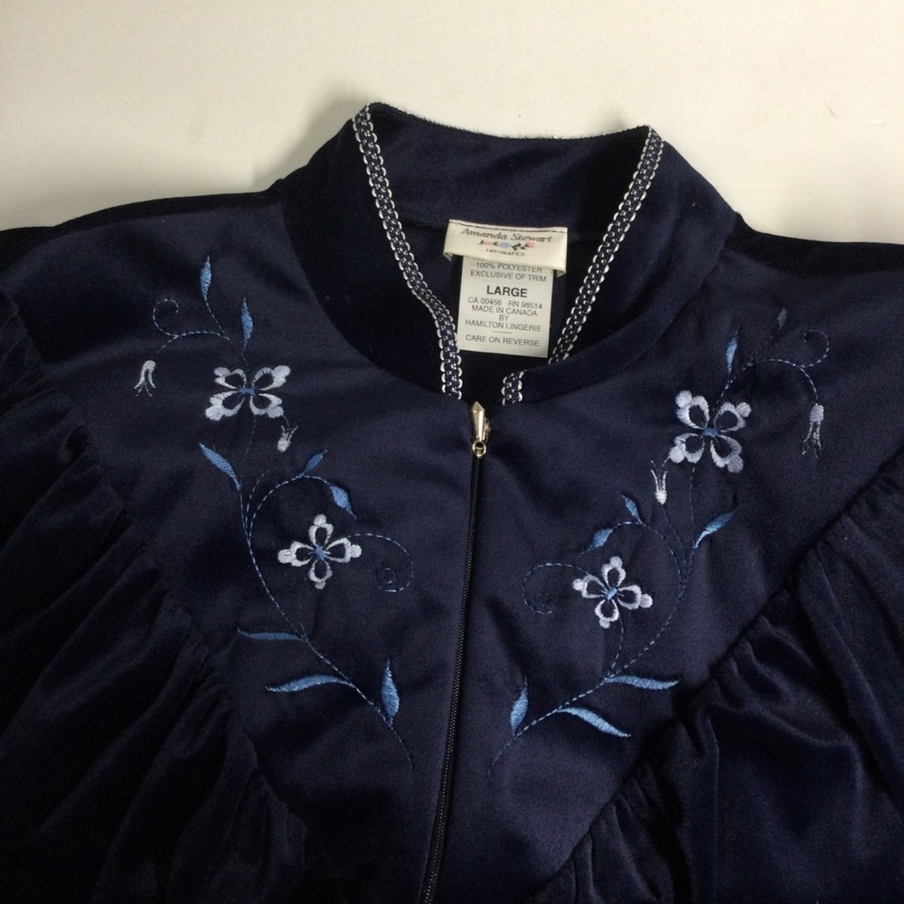 Amanda Stewart Intimates Navy Blue Embroidered Velour 1/2 Zip Long Robe SzL - Picture 16 of 16